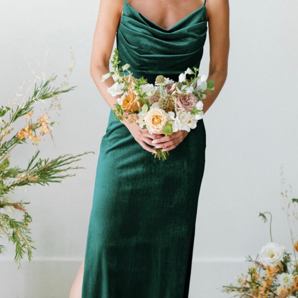 Emerald - 613 - Size 6 Skye Velvet. Worn once. Hemmed for 3.5” heels. I am 5’5”.